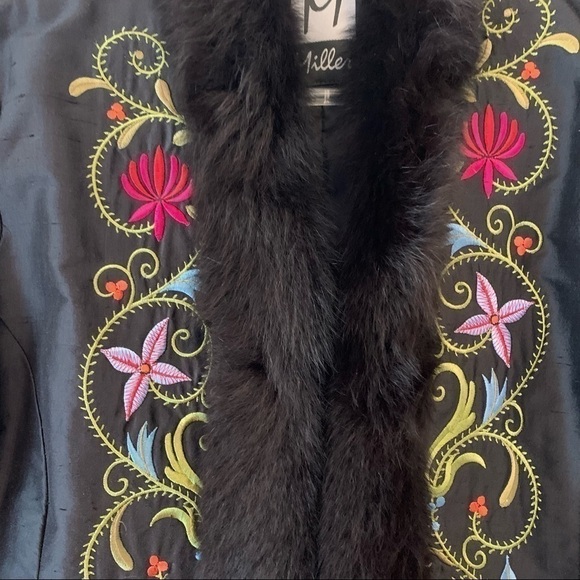 M. MILLER Black Silk Embroidered Boho Fur Collar & Cuff Evening Jacket.Size LG - Picture 2 of 11